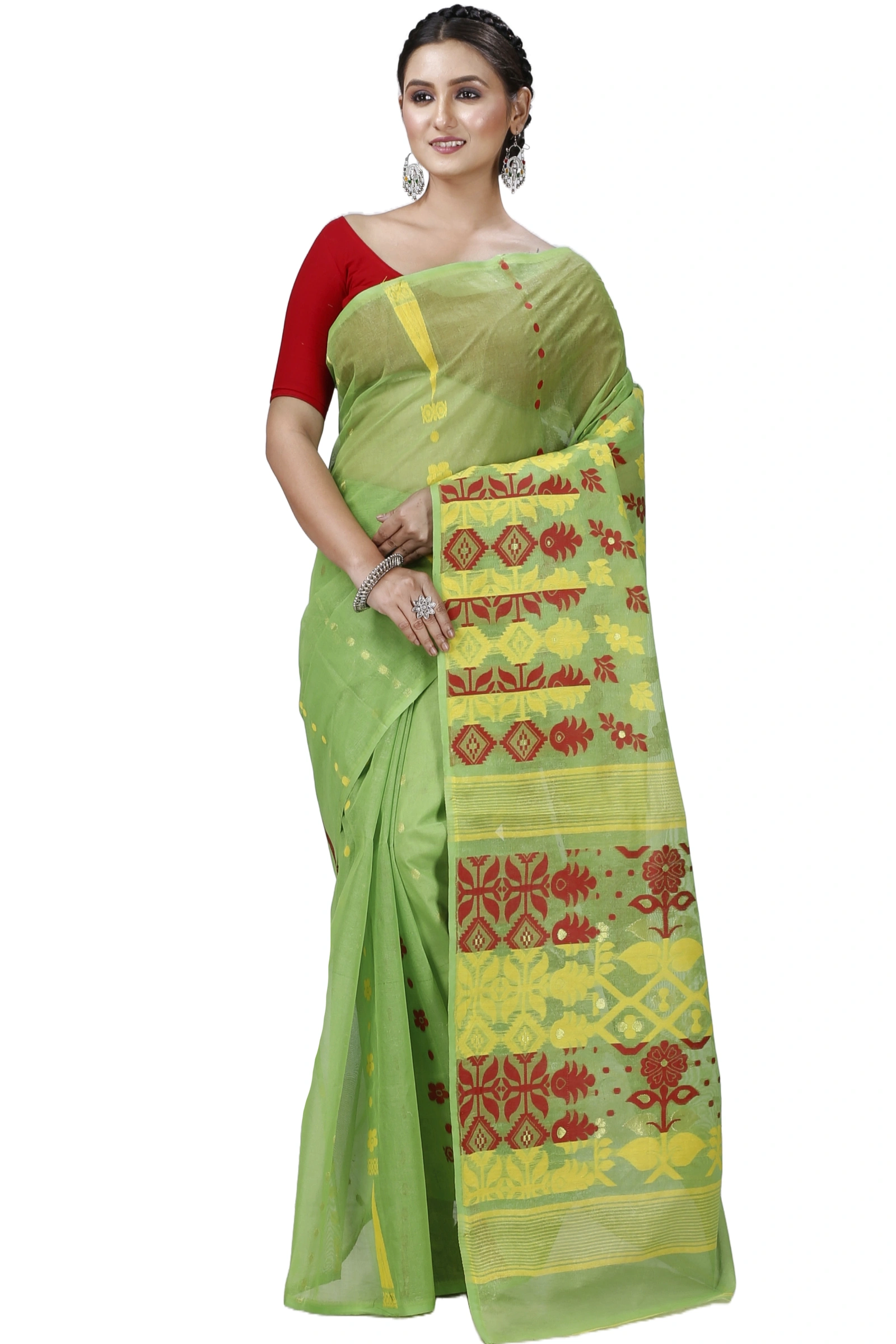 Green Pure Cotton Urmila Jamdani Saree (1122)