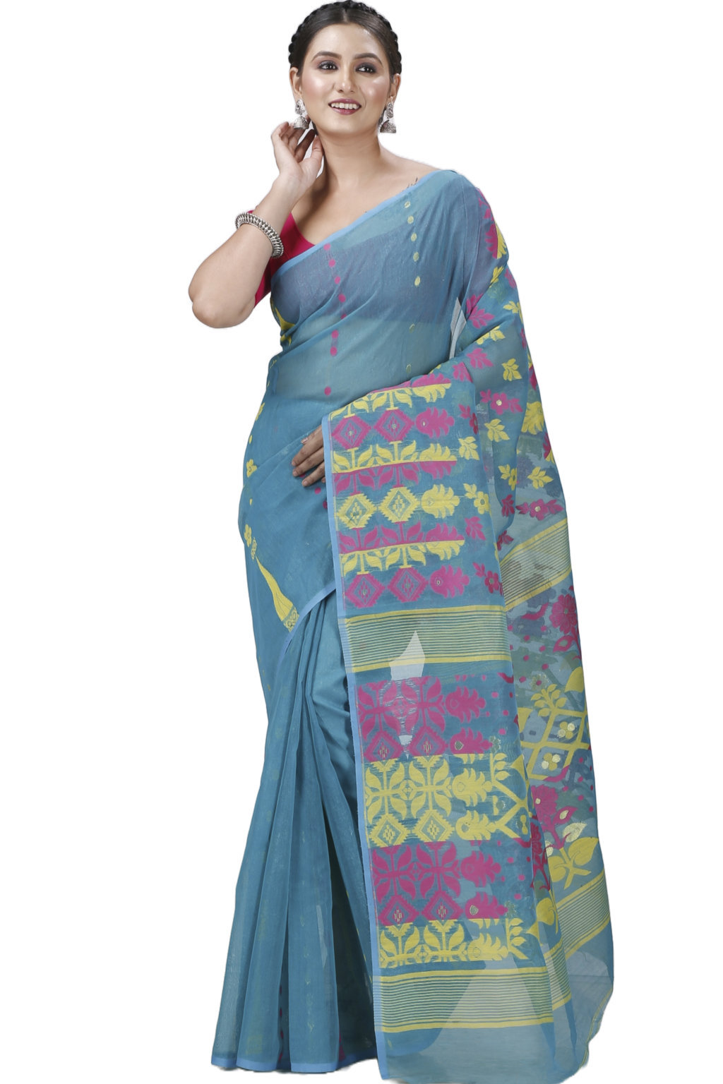 Dark Green Pure Cotton Urmila Jamdani Saree (1123)