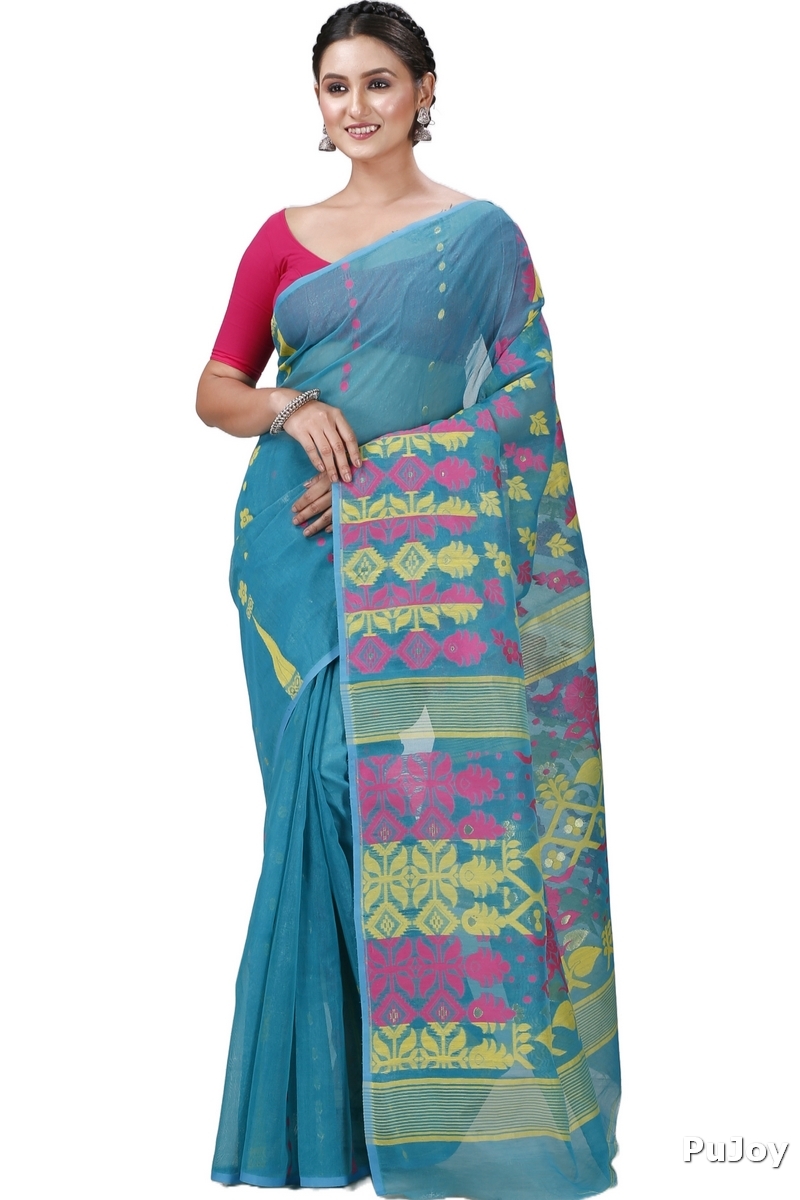 Dark Green Pure Cotton Urmila Jamdani Saree (1123)