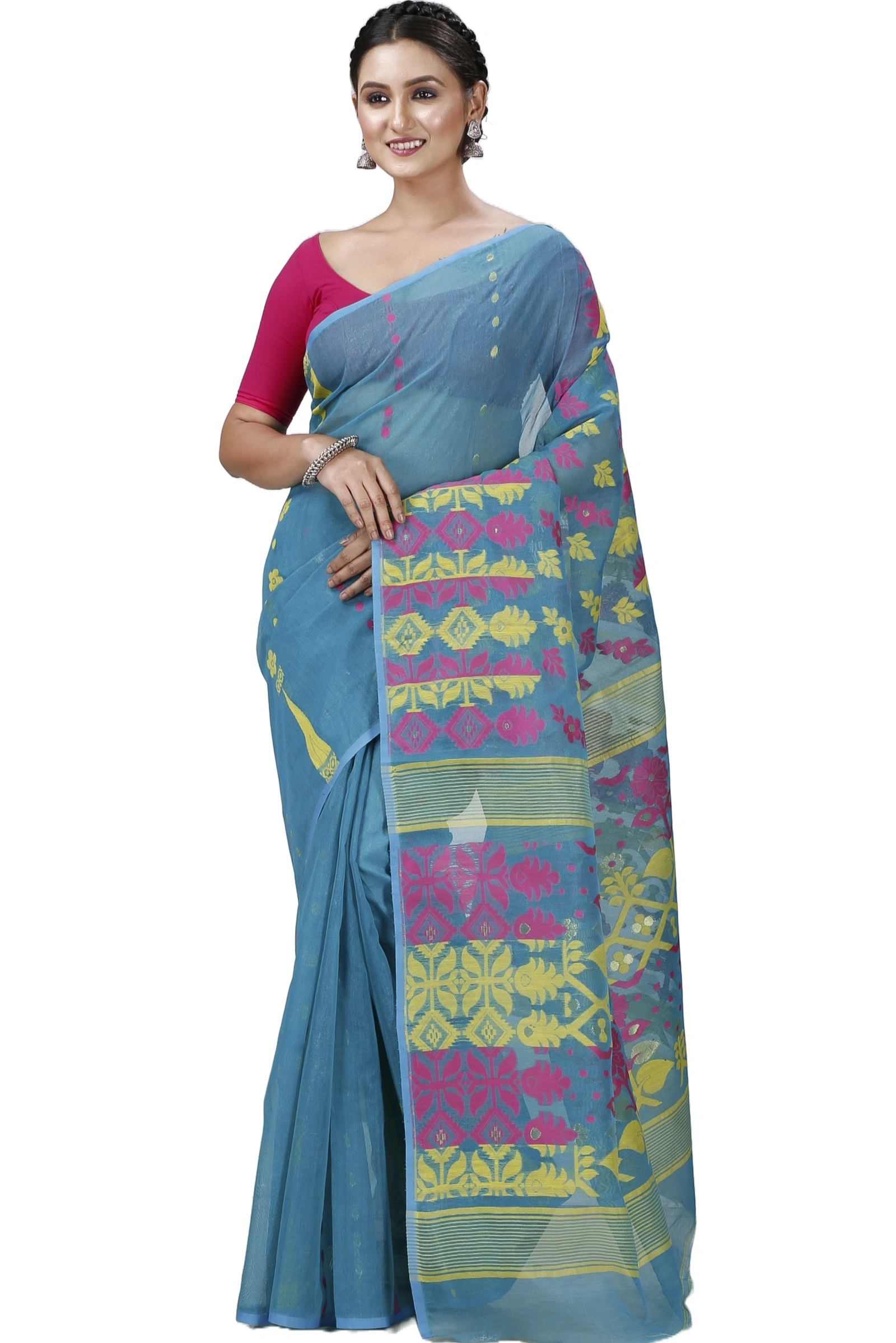 Dark Green Pure Cotton Urmila Jamdani Saree (1123)