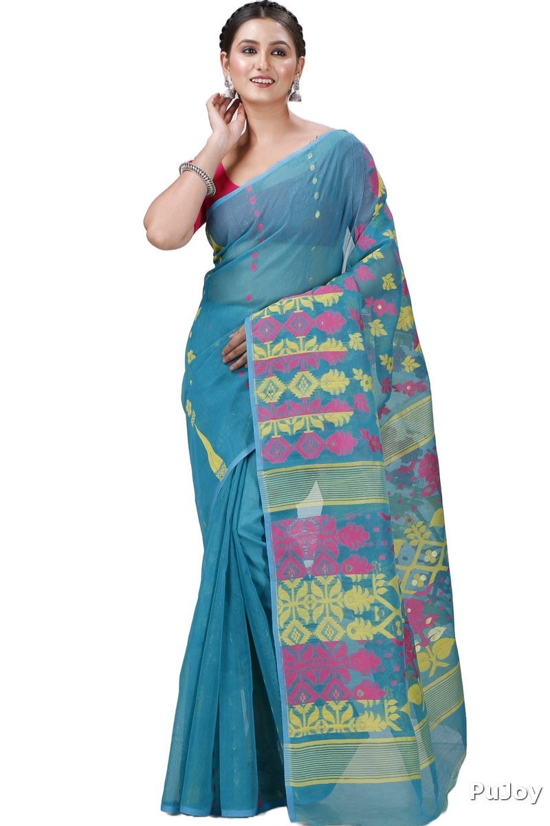 Dark Green Pure Cotton Urmila Jamdani Saree (1123)