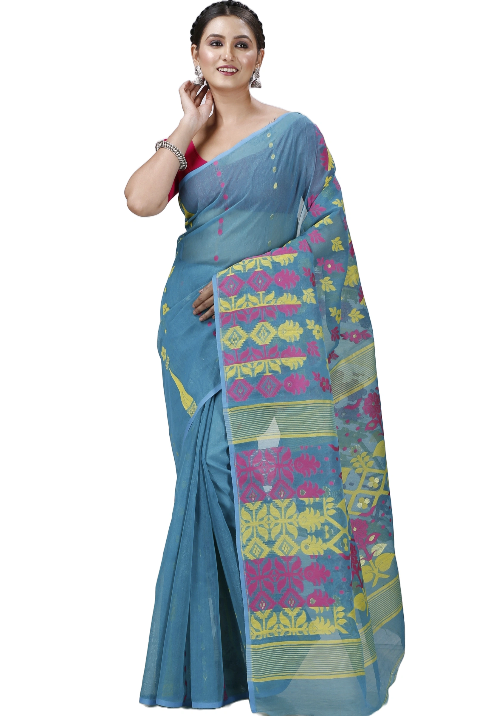 Dark Green Pure Cotton Urmila Jamdani Saree (1123)