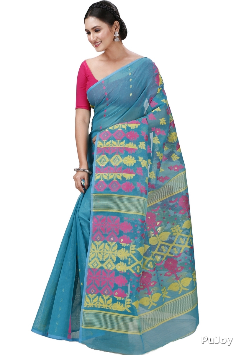 Dark Green Pure Cotton Urmila Jamdani Saree (1123)