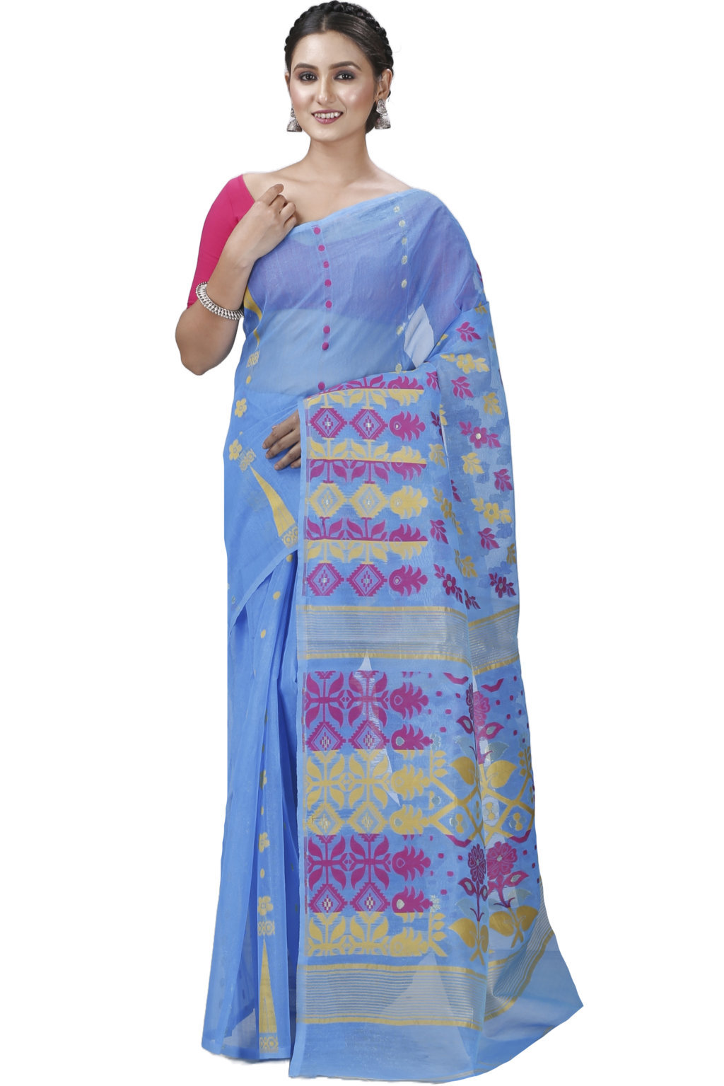 Sky Blue Pure Cotton Urmila Jamdani Saree (1125)