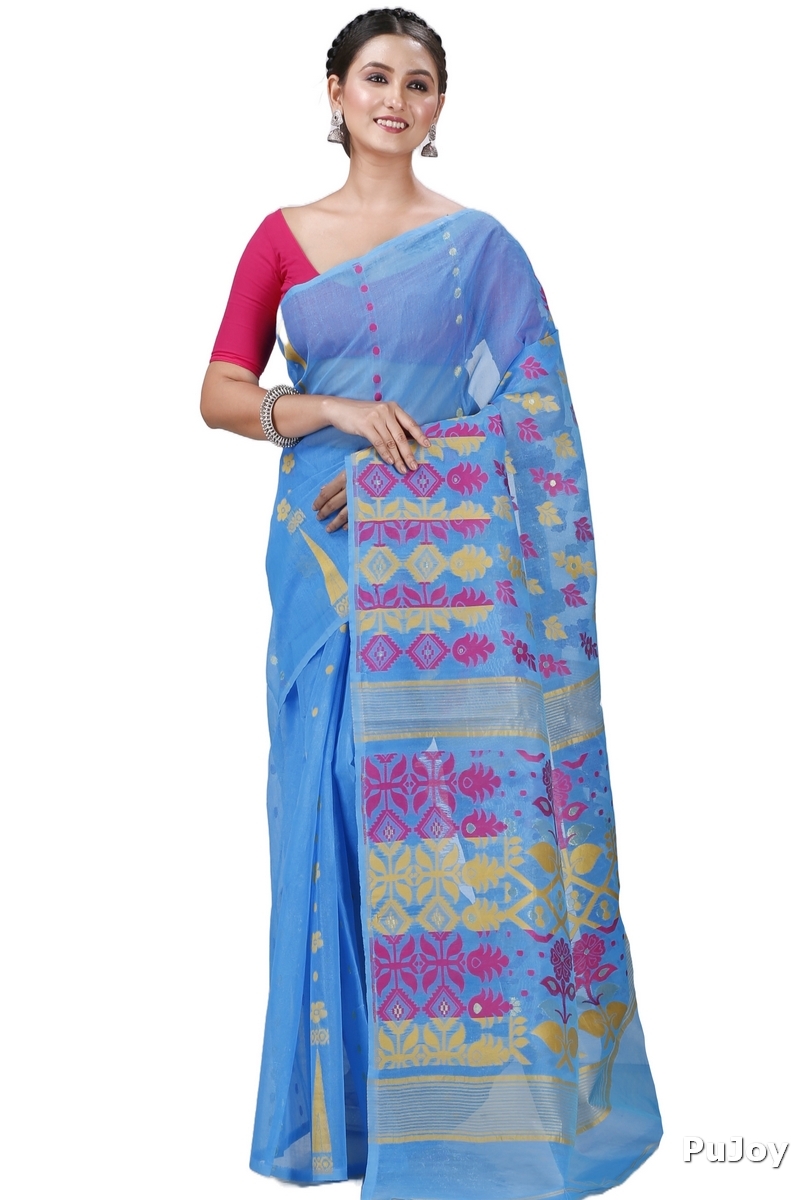 Sky Blue Pure Cotton Urmila Jamdani Saree (1125)