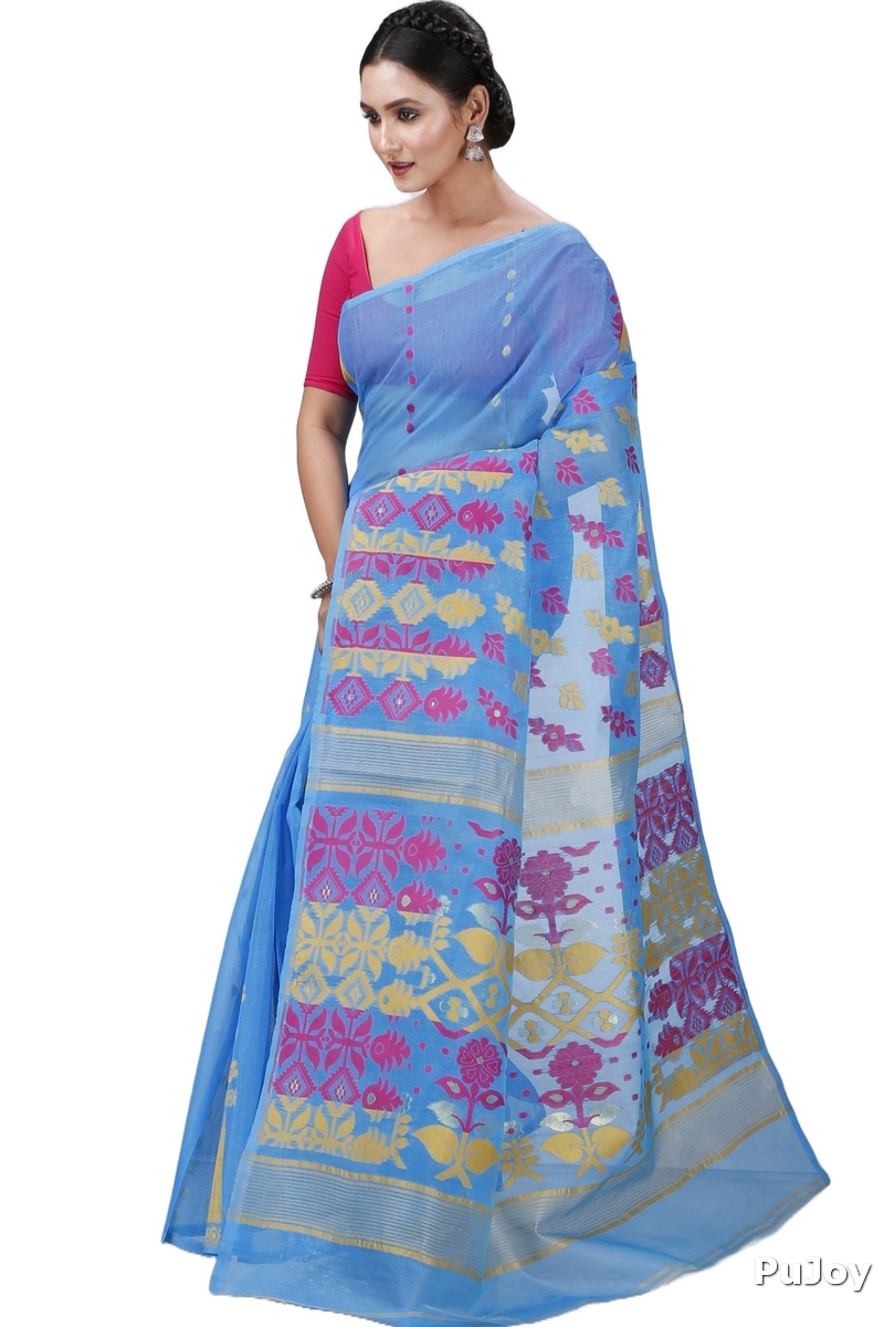 Sky Blue Pure Cotton Urmila Jamdani Saree (1125)