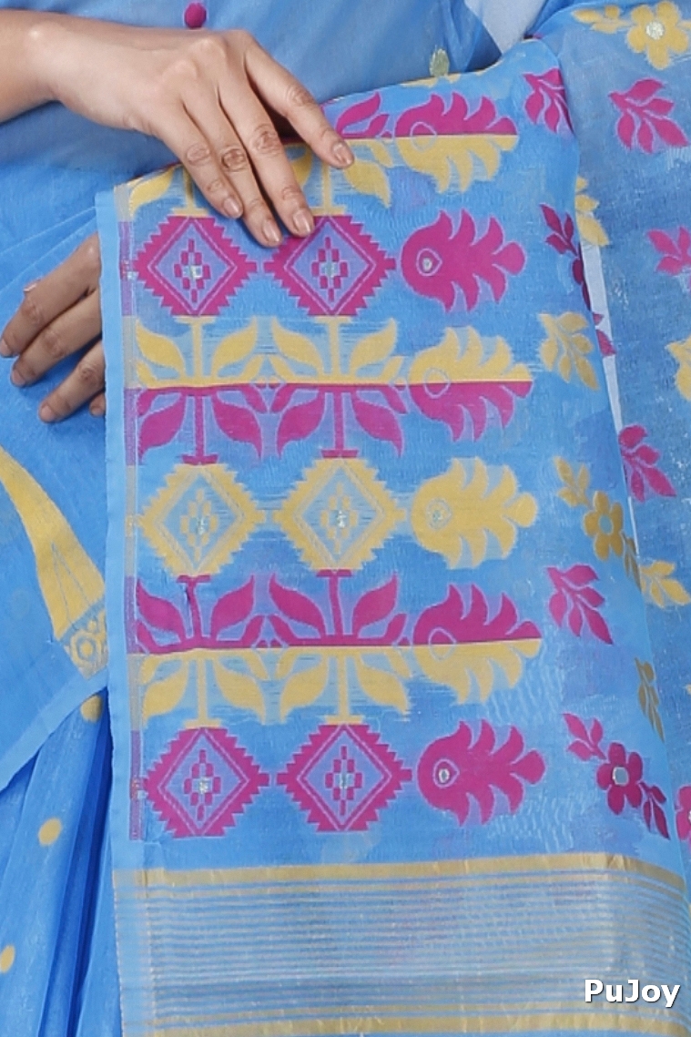 Sky Blue Pure Cotton Urmila Jamdani Saree (1125)