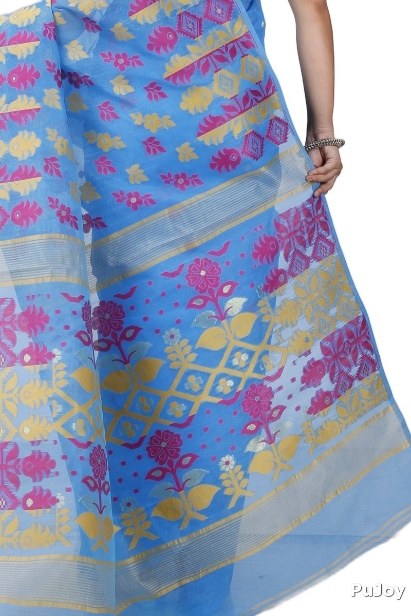 Sky Blue Pure Cotton Urmila Jamdani Saree (1125)