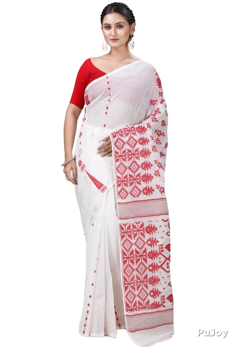 White Pure Cotton Urmila Jamdani Saree (1127)