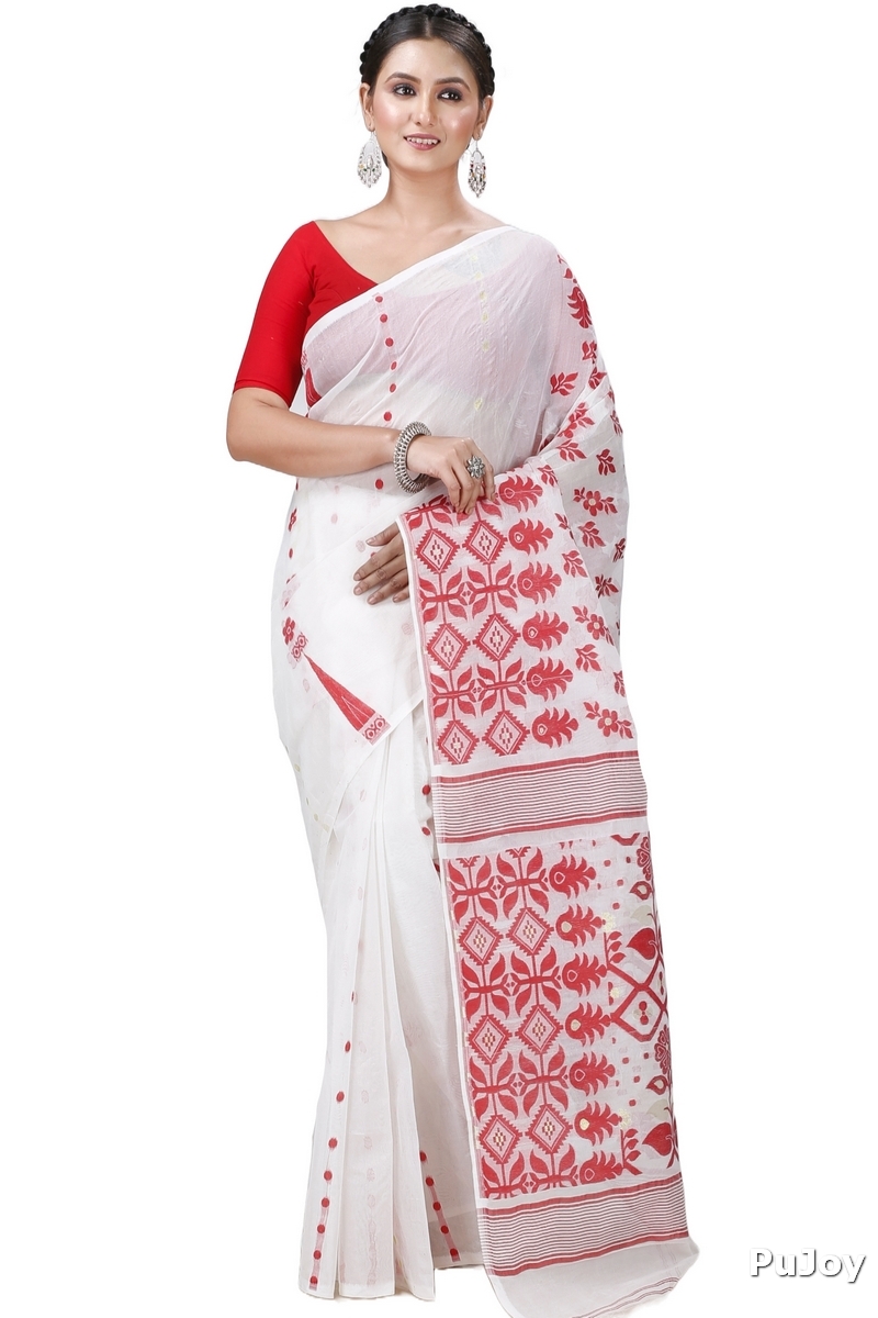 White Pure Cotton Urmila Jamdani Saree (1127)