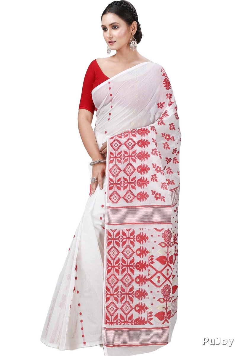 White Pure Cotton Urmila Jamdani Saree (1127)