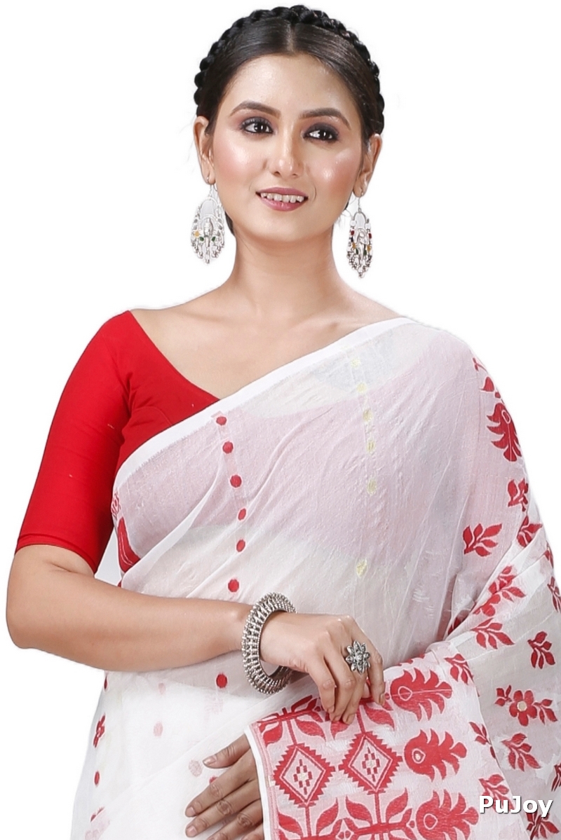 White Pure Cotton Urmila Jamdani Saree (1127)
