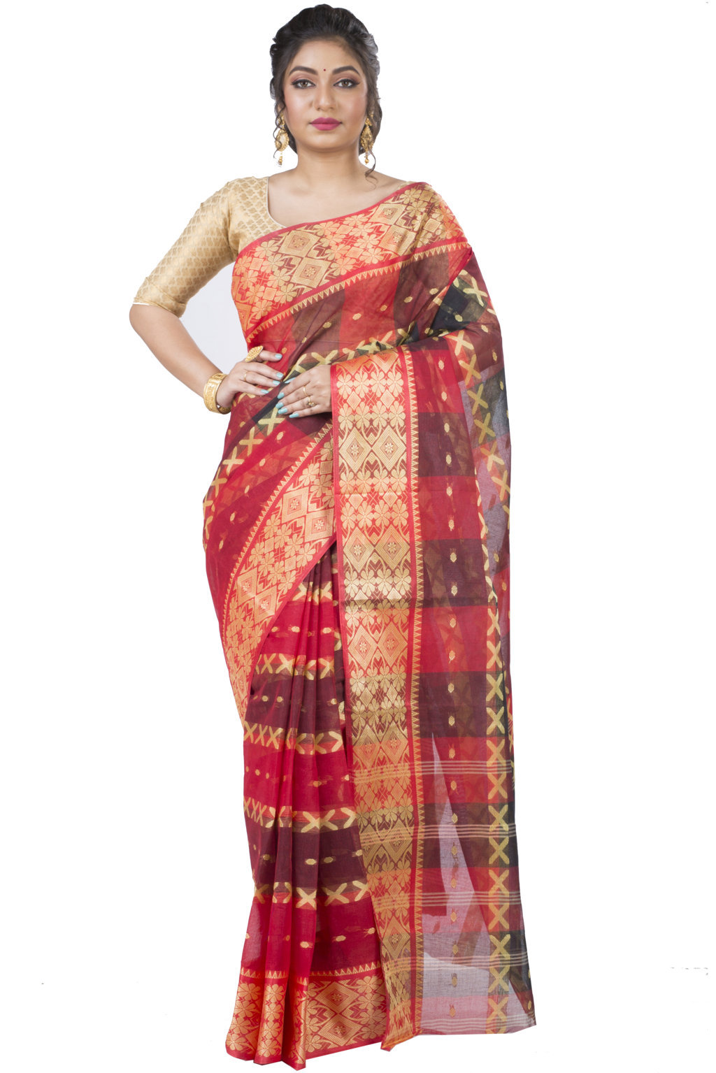 Red Pure Cotton SonaJhuri Desiging Tant Saree (113)