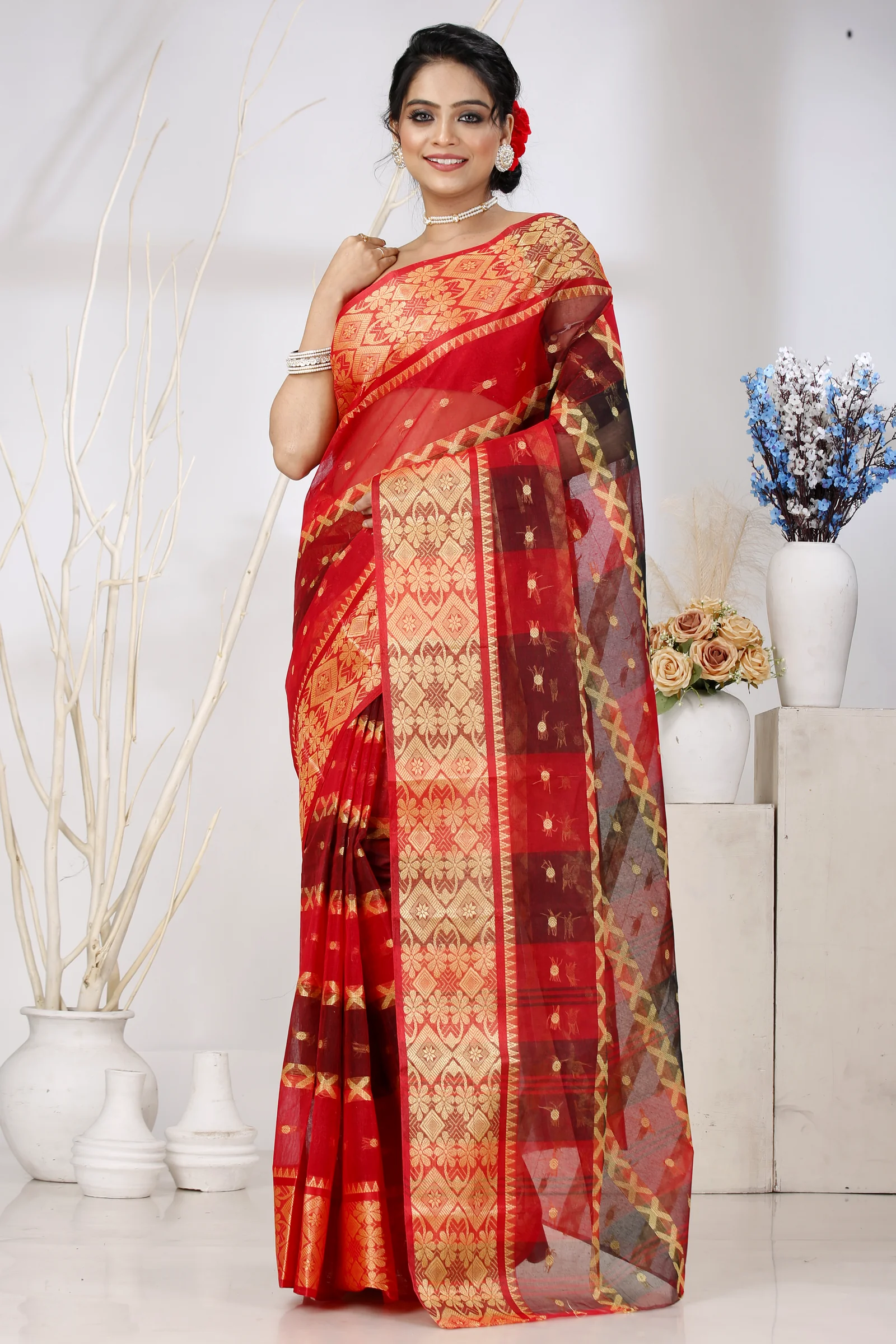 Red Pure Cotton SonaJhuri Desiging Tant Saree (113)