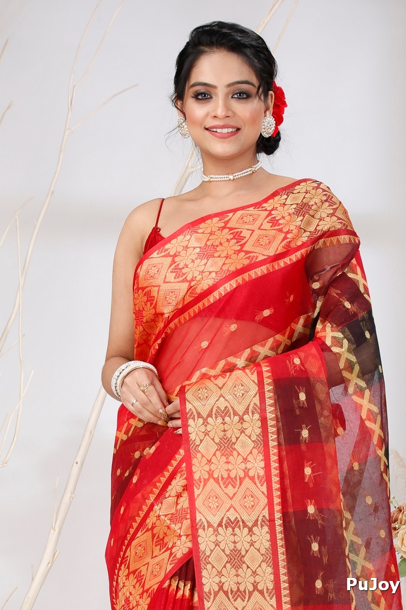 Red Pure Cotton SonaJhuri Desiging Tant Saree (113)