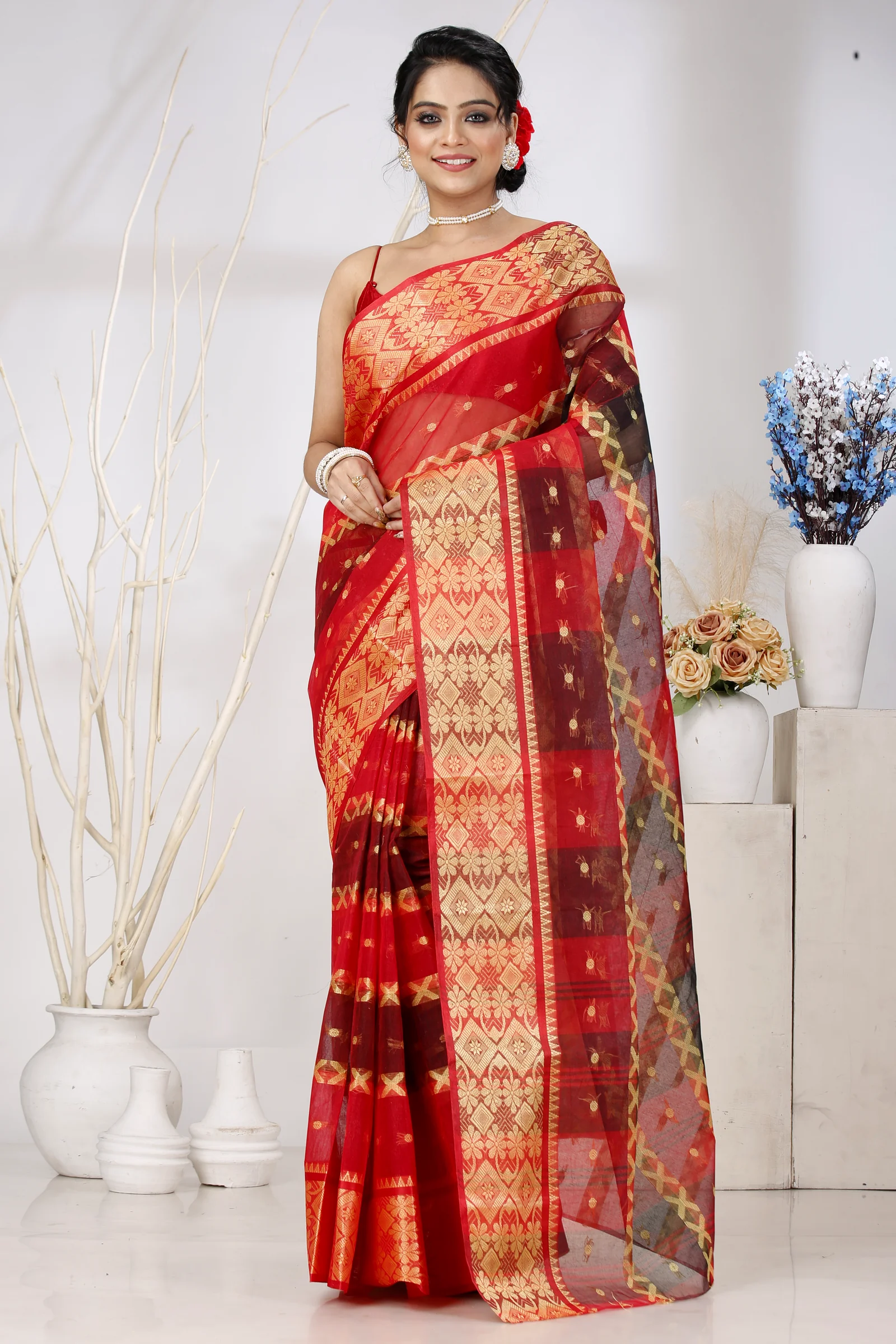 Red Pure Cotton SonaJhuri Desiging Tant Saree (113)