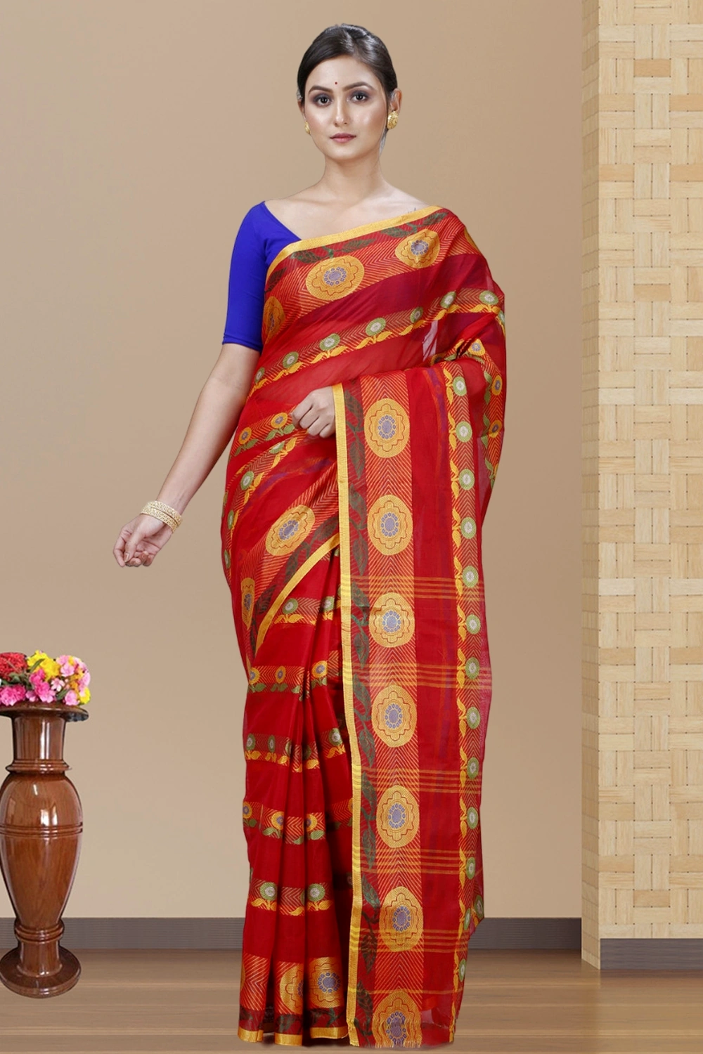 Red Pure Cotton Uttara Tant Saree (1131)
