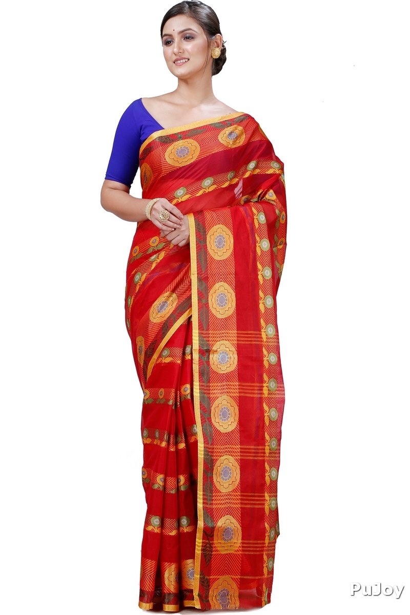 Red Pure Cotton Uttara Tant Saree (1131)