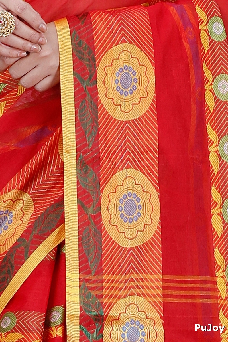 Red Pure Cotton Uttara Tant Saree (1131)