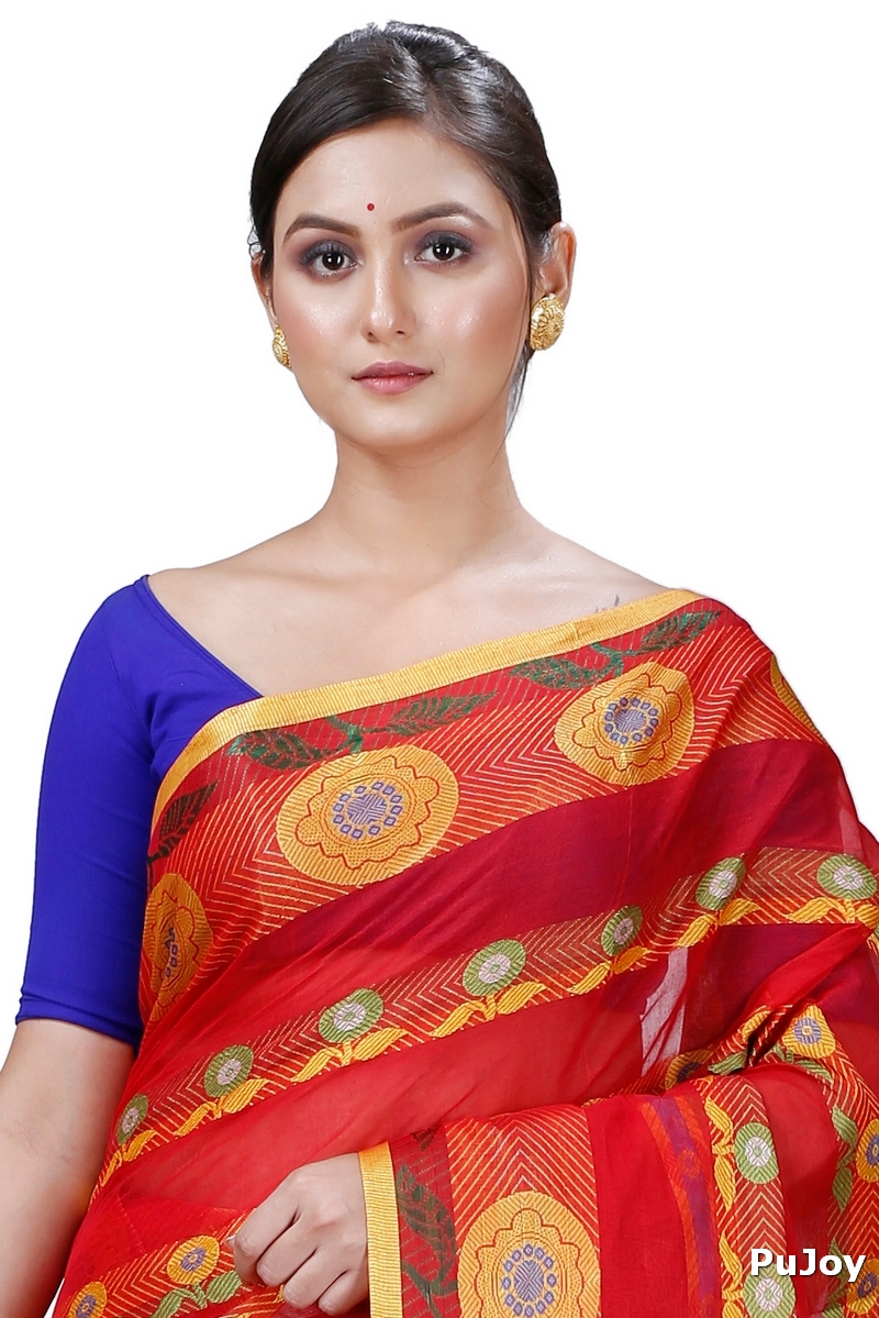Red Pure Cotton Uttara Tant Saree (1131)