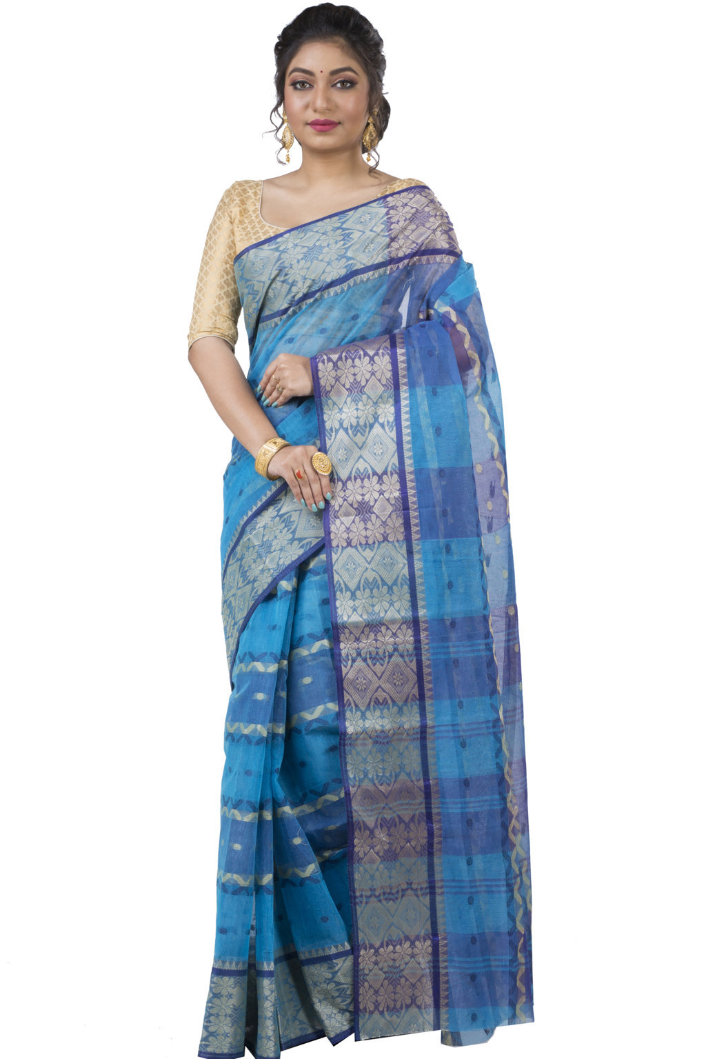 Blue Pure Cotton SonaJhuri Desiging Tant Saree (114)
