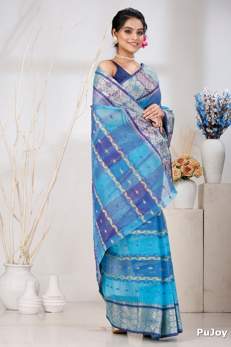 Blue Pure Cotton SonaJhuri Desiging Tant Saree (114)