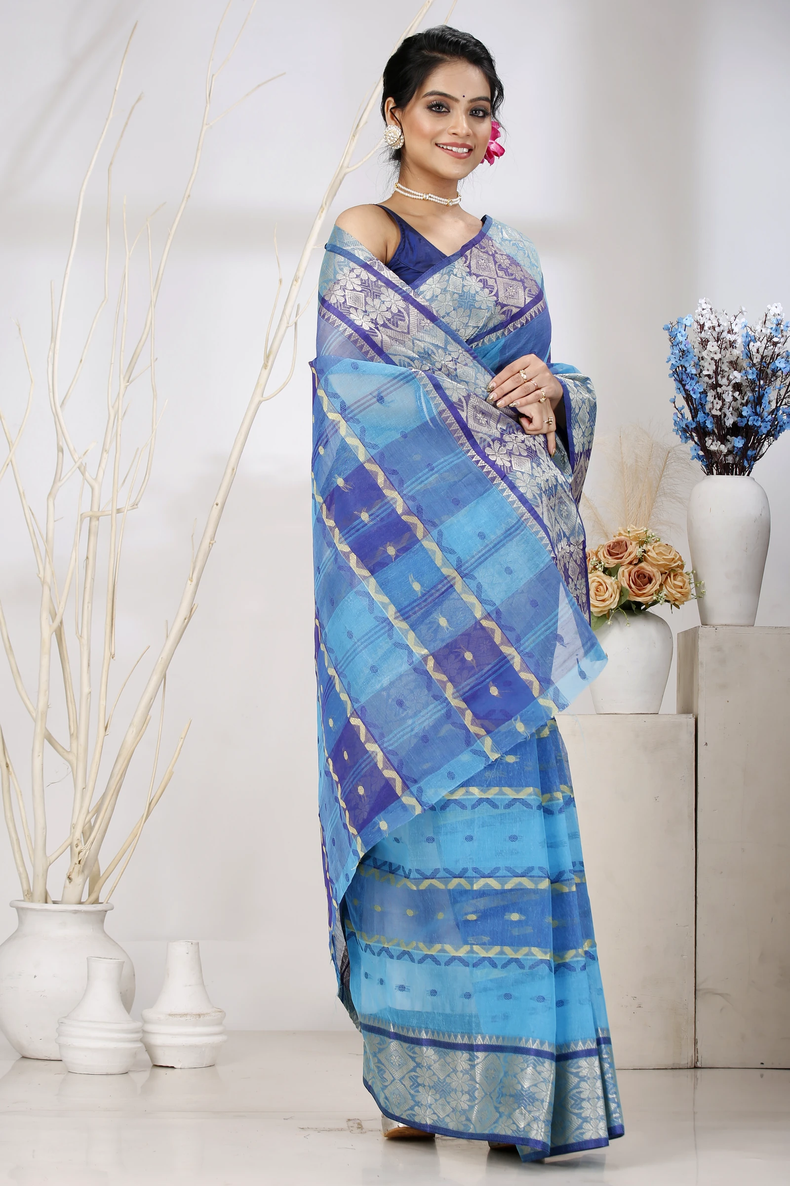 Blue Pure Cotton SonaJhuri Desiging Tant Saree (114)
