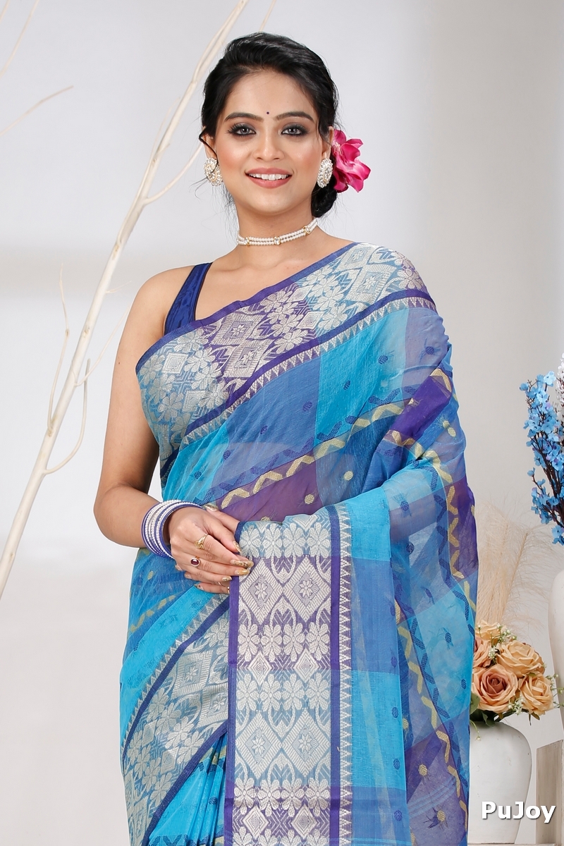 Blue Pure Cotton SonaJhuri Desiging Tant Saree (114)
