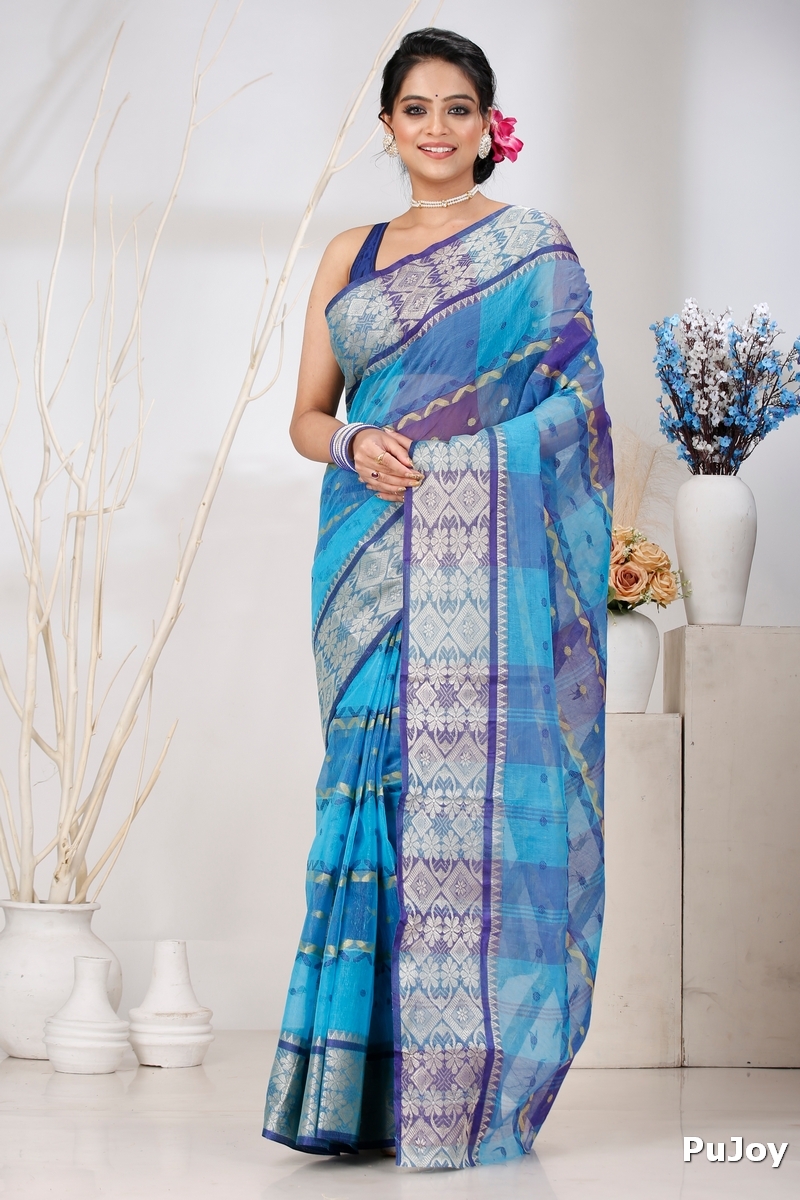 Blue Pure Cotton SonaJhuri Desiging Tant Saree (114)