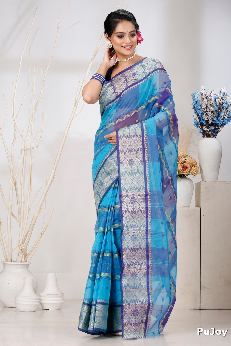 Blue Pure Cotton SonaJhuri Desiging Tant Saree (114)