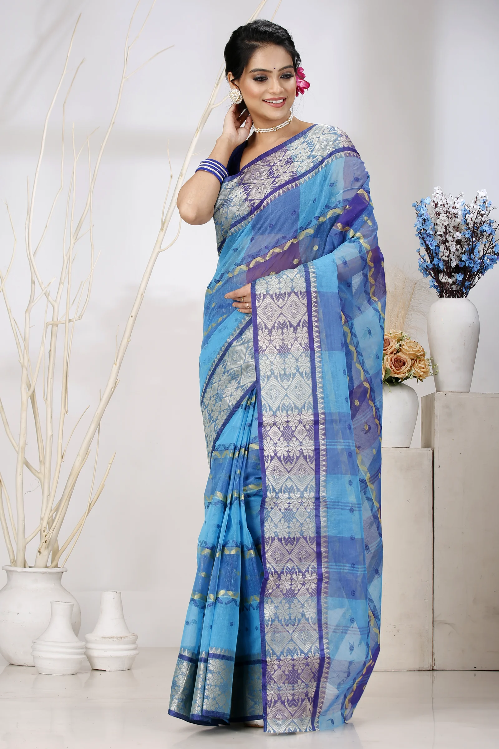 Blue Pure Cotton SonaJhuri Desiging Tant Saree (114)