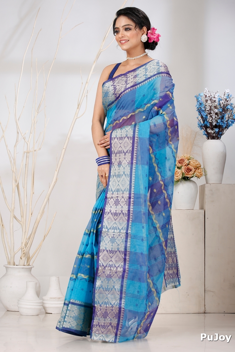 Blue Pure Cotton SonaJhuri Desiging Tant Saree (114)