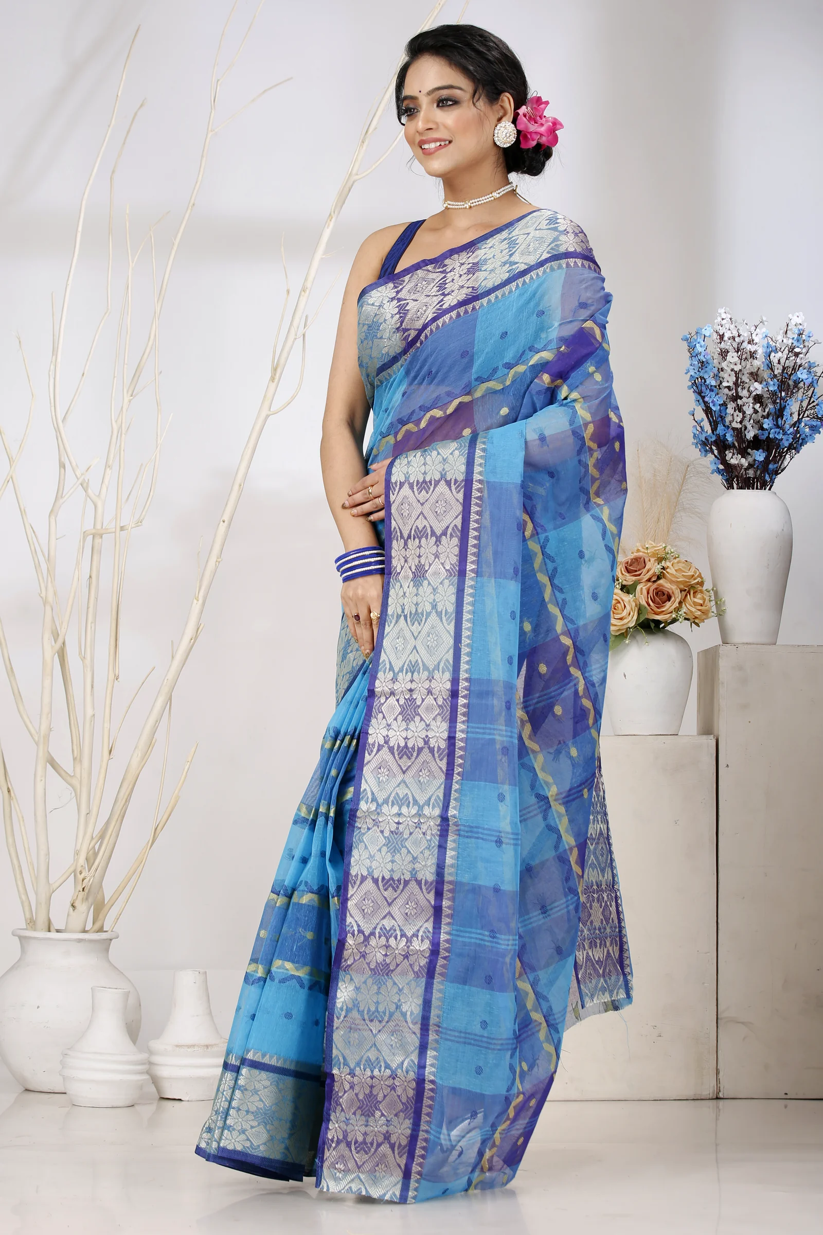 Blue Pure Cotton SonaJhuri Desiging Tant Saree (114)