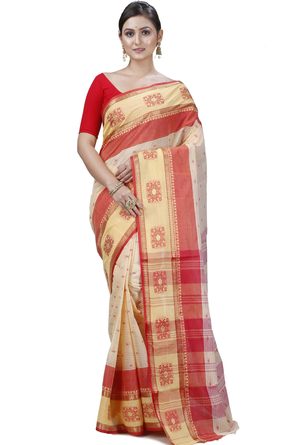 Red Yellow Pure Cotton Uma Tant Saree (1142)