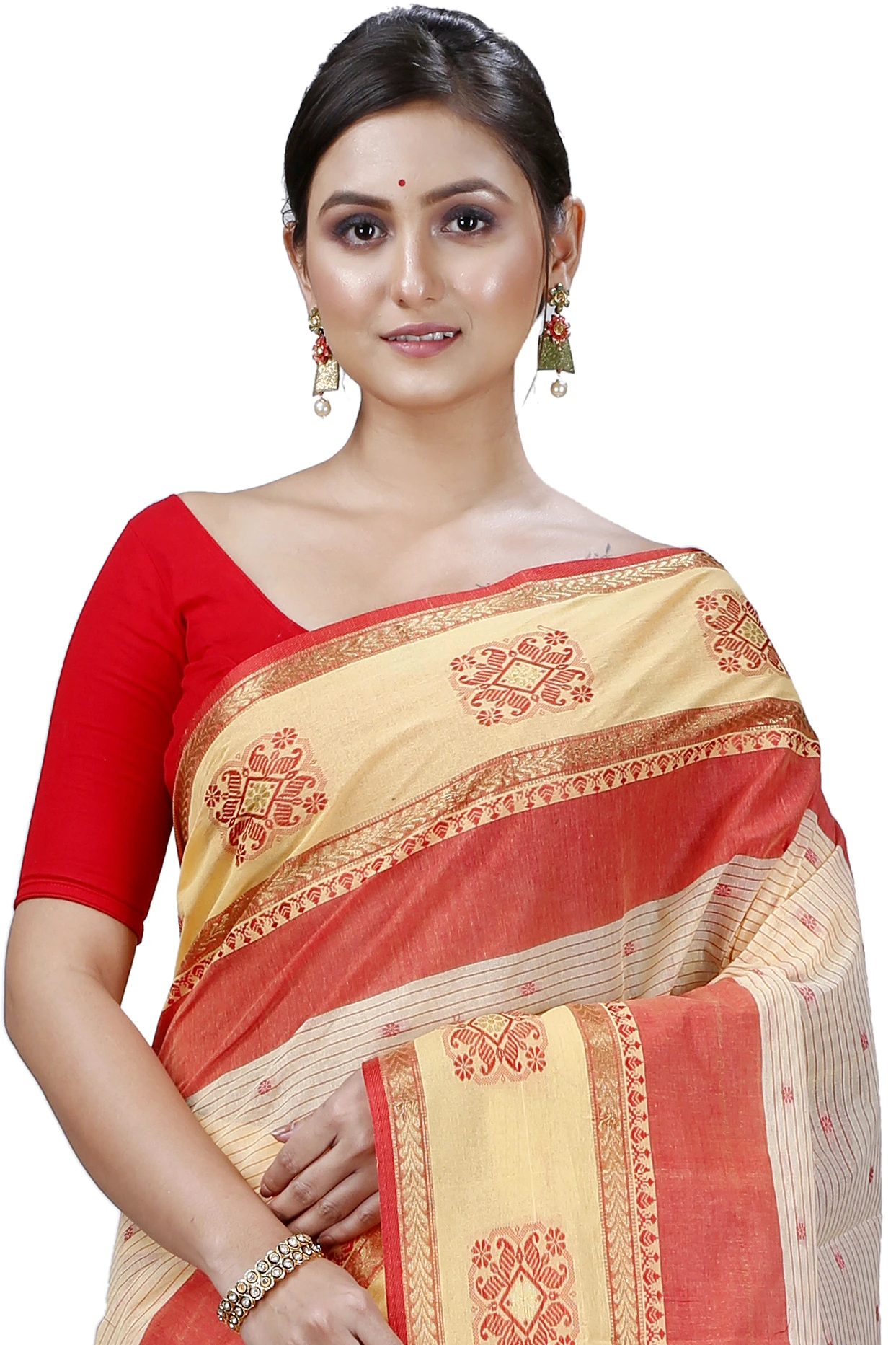 Red Yellow Pure Cotton Uma Tant Saree (1142)