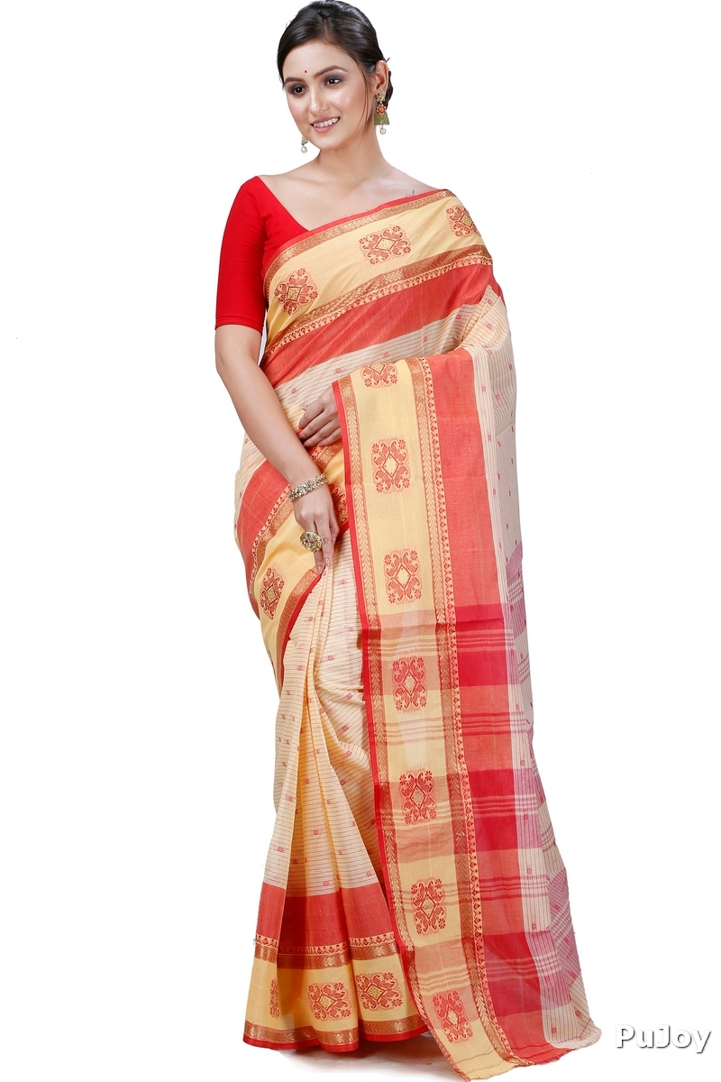 Red Yellow Pure Cotton Uma Tant Saree (1142)