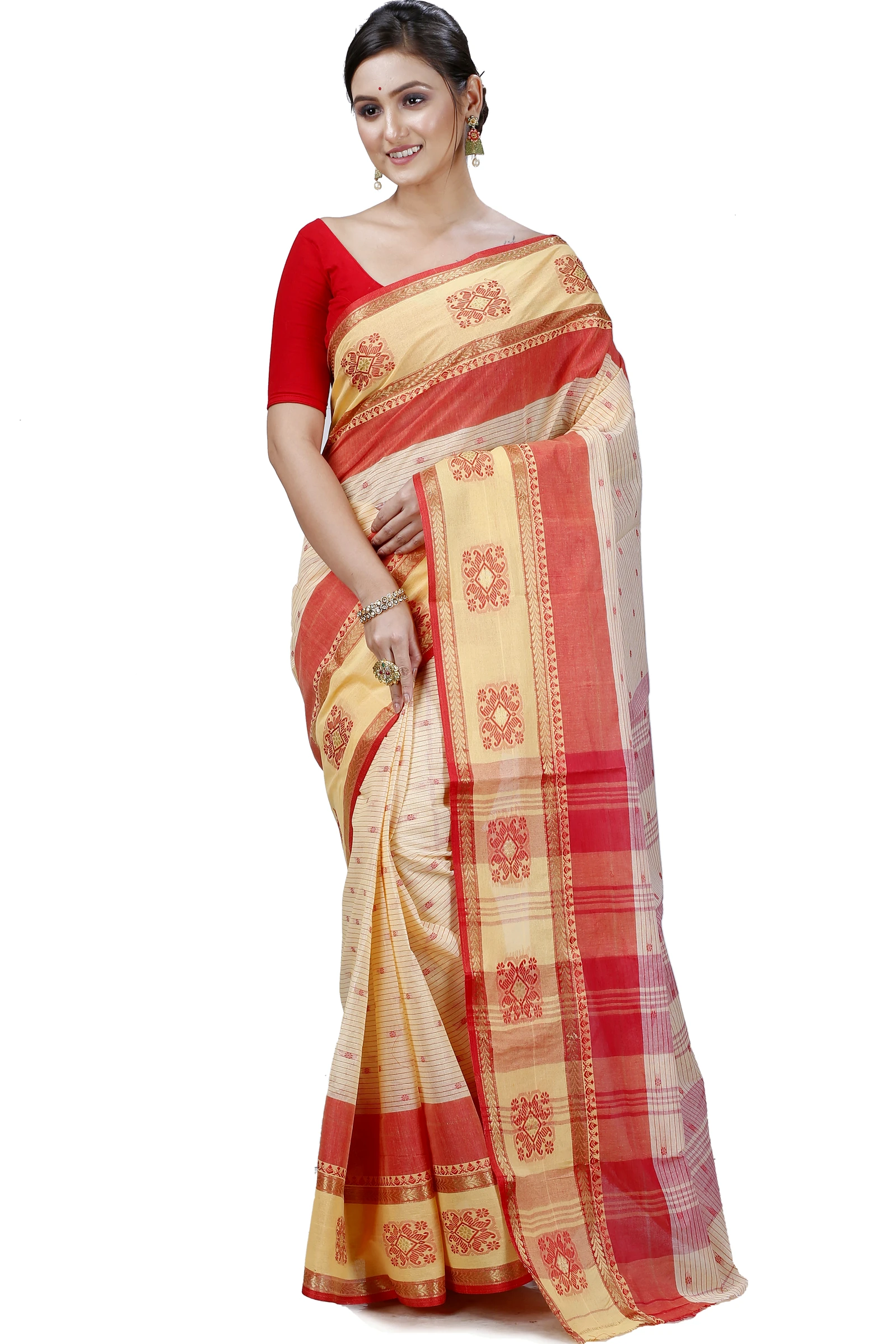 Red Yellow Pure Cotton Uma Tant Saree (1142)