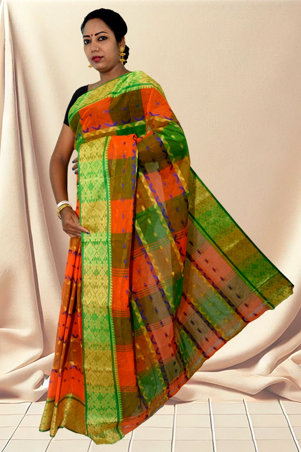 Orange Pure Cotton SonaJhuri Desiging Tant Saree (115)
