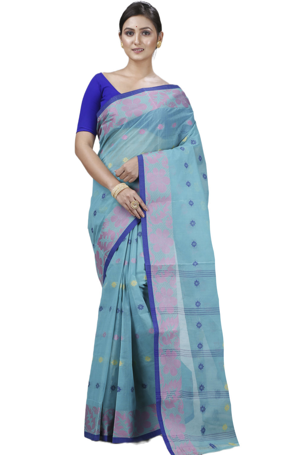 Dark Green Pure Cotton Ushi Tant Saree (1154)