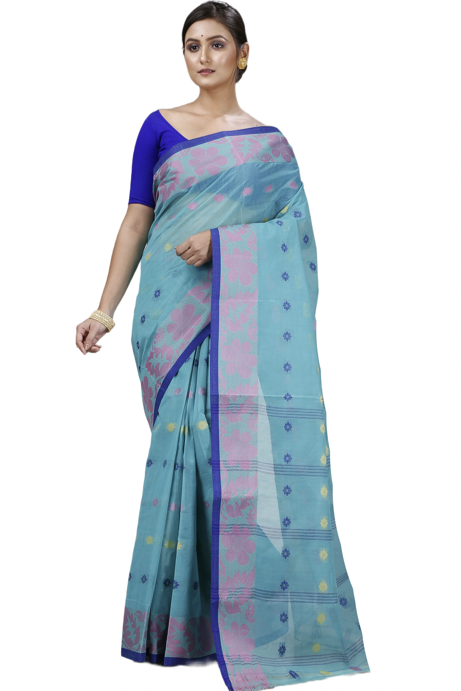 Dark Green Pure Cotton Ushi Tant Saree (1154)