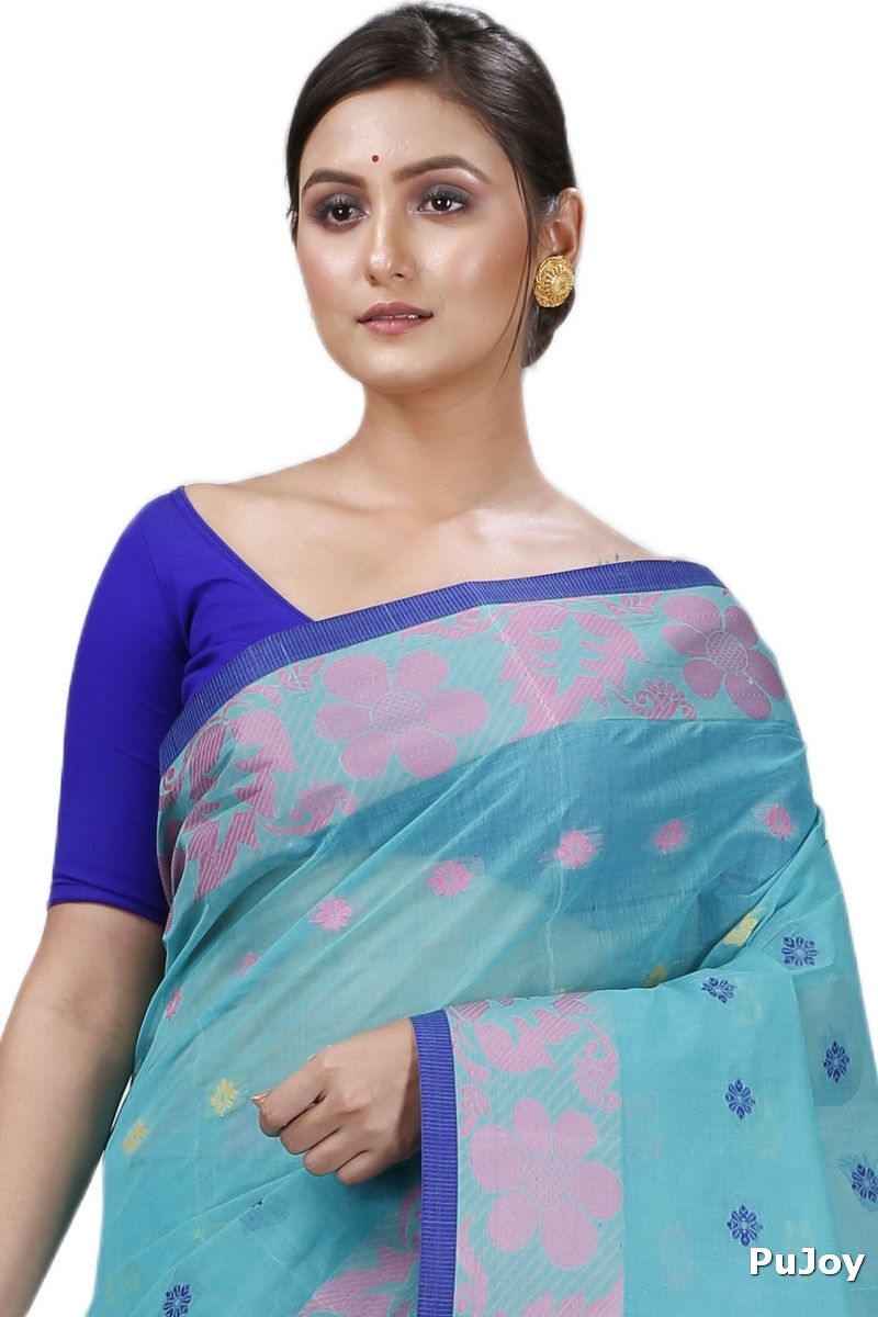 Dark Green Pure Cotton Ushi Tant Saree (1154)