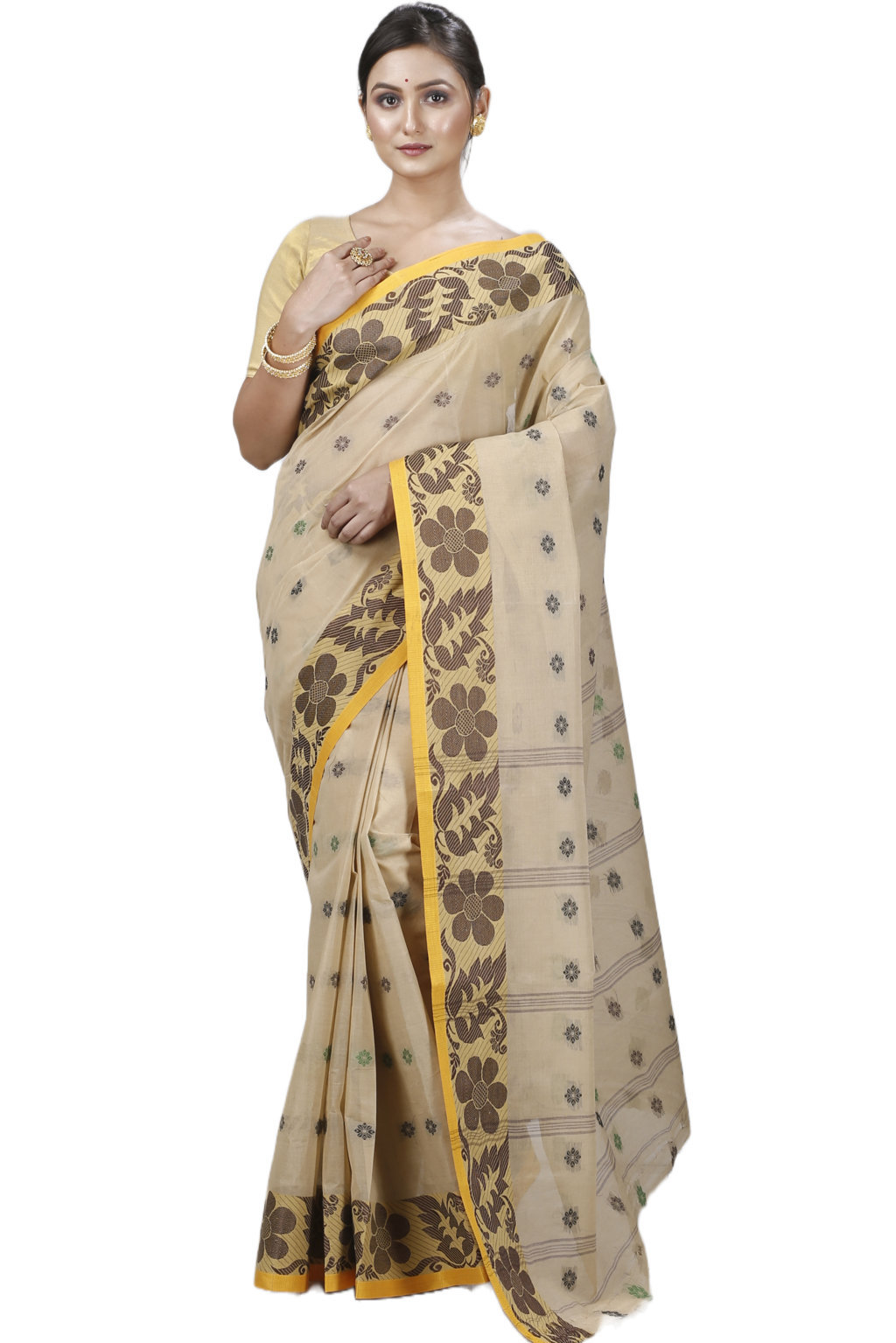 Brown Pure Cotton Ushi Tant Saree (1155)