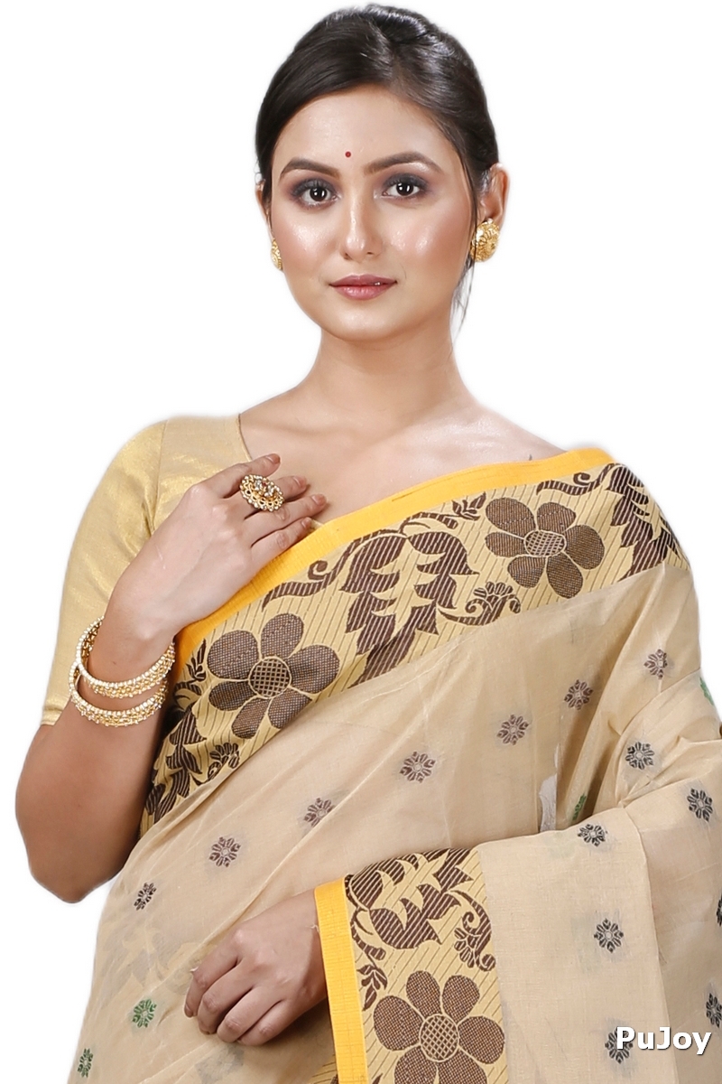 Brown Pure Cotton Ushi Tant Saree (1155)