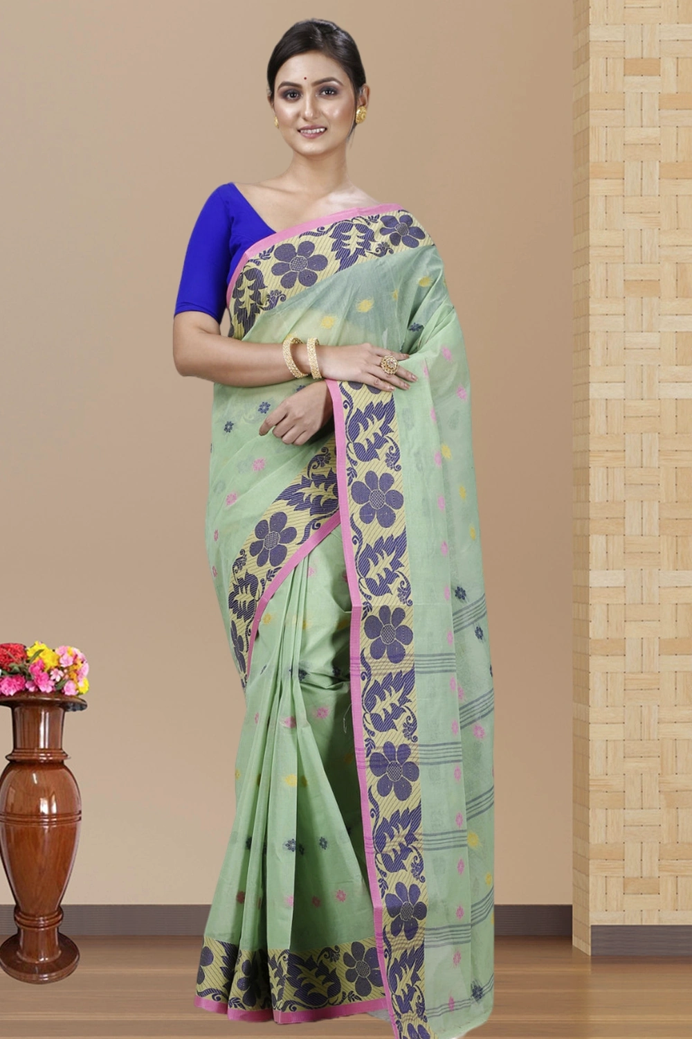 Green Pure Cotton Ushi Tant Saree (1156)