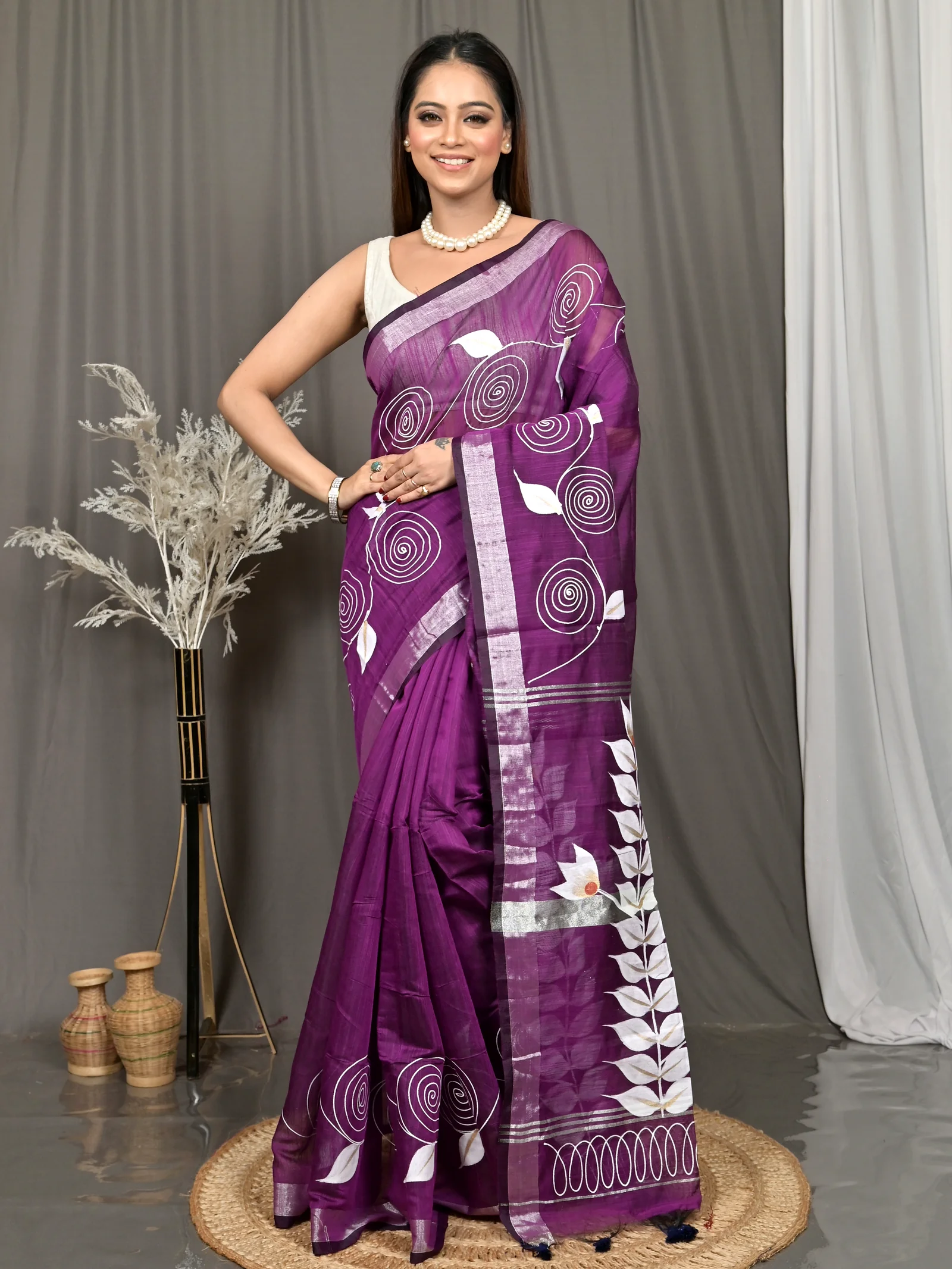 Dark Violet Cotton Souvar Hand Painted Saree  (116)