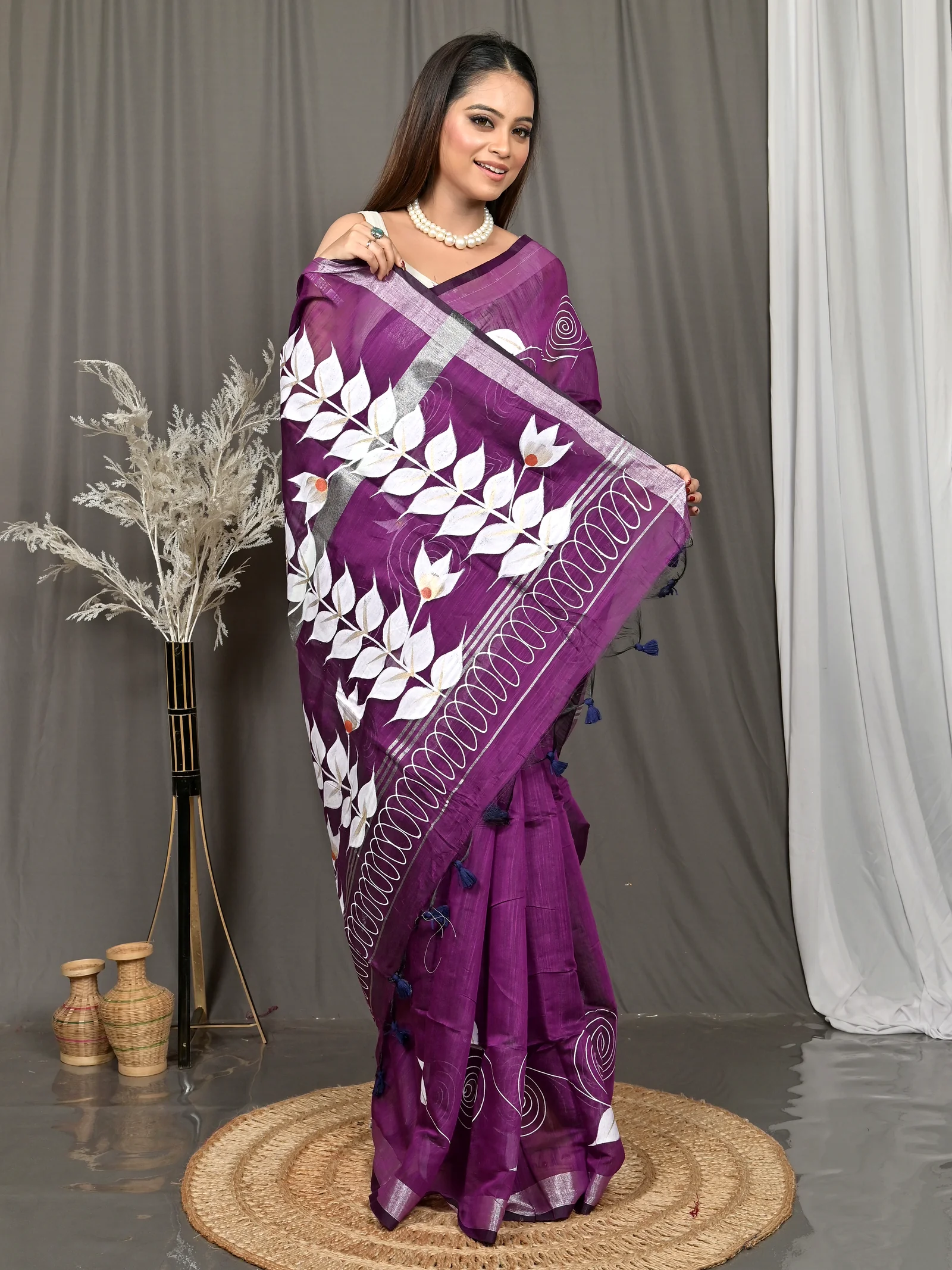 Dark Violet Cotton Souvar Hand Painted Saree  (116)