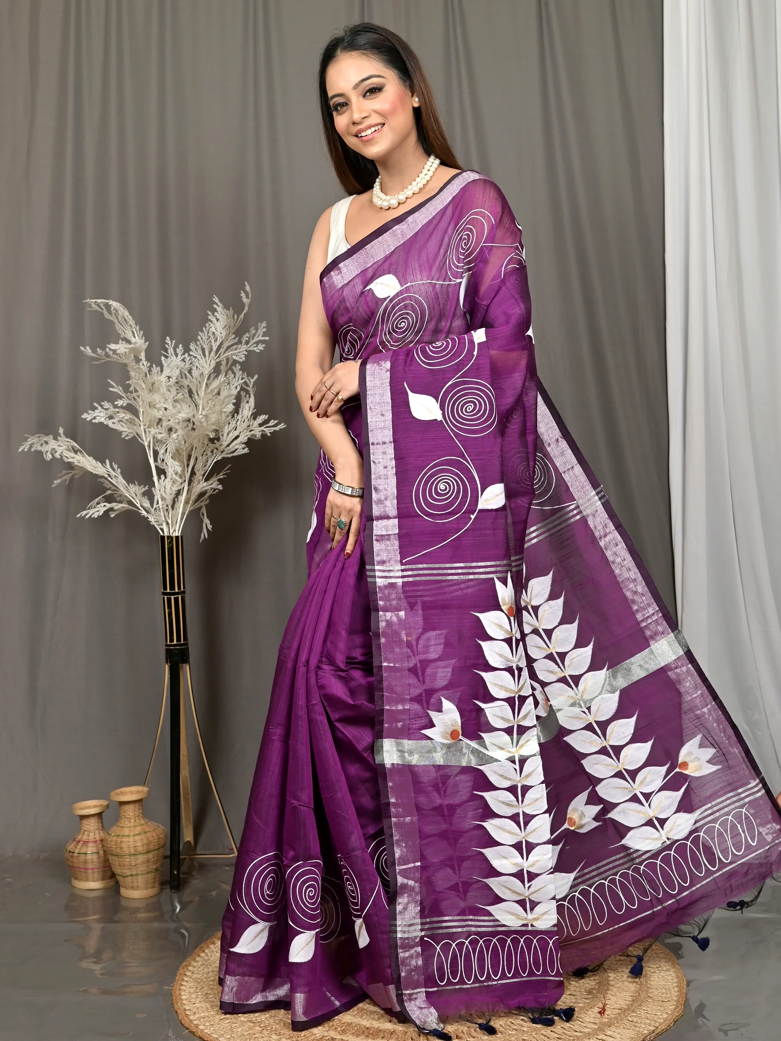 Dark Violet Cotton Souvar Hand Painted Saree  (116)