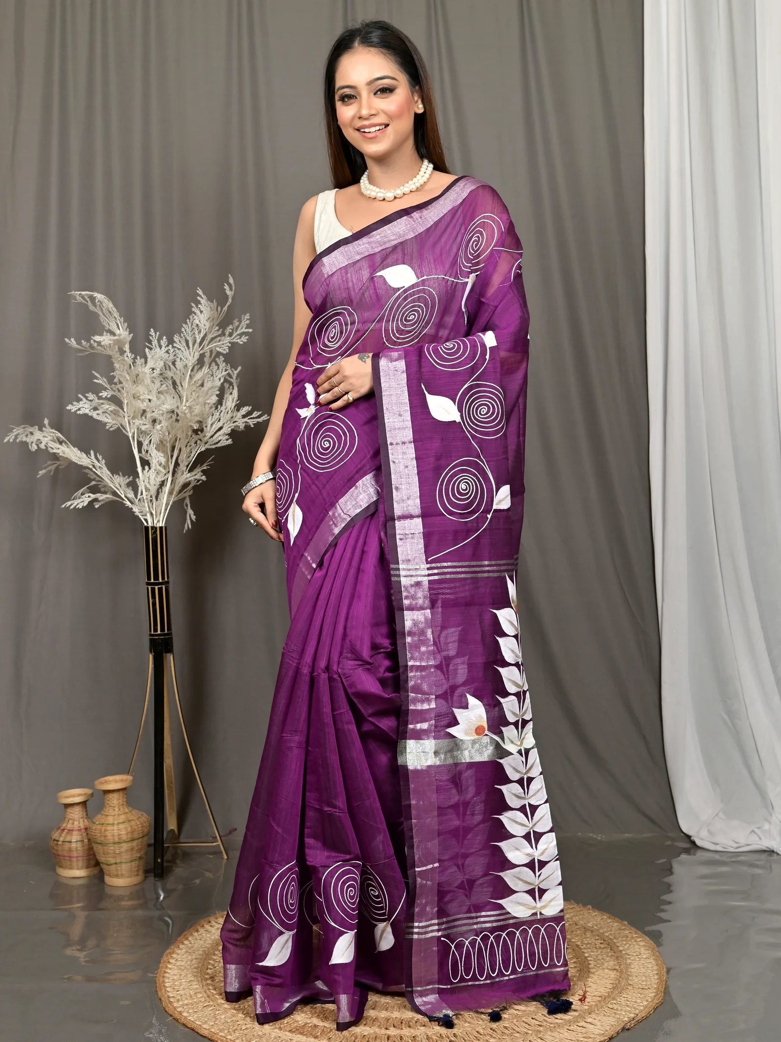 Dark Violet Cotton Souvar Hand Painted Saree  (116)