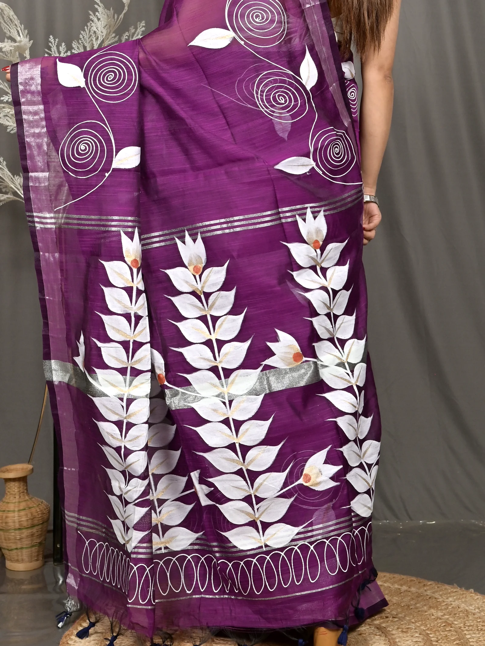 Dark Violet Cotton Souvar Hand Painted Saree  (116)