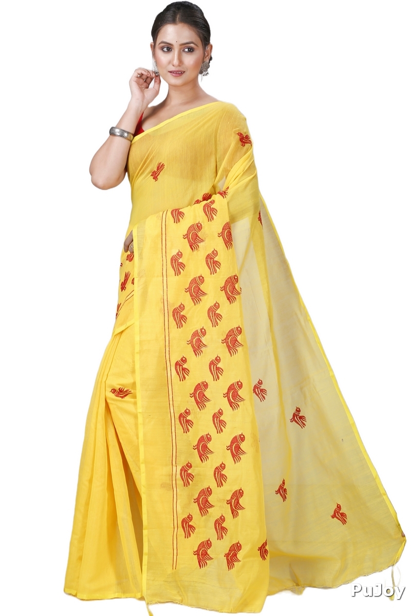 Yellow Blended Cotton Thulasi Hand Loom Saree (1189)